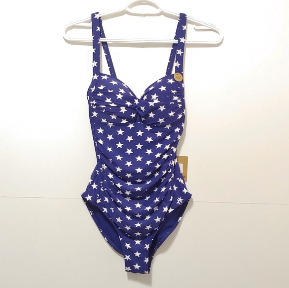blue bathing suit with white stars
